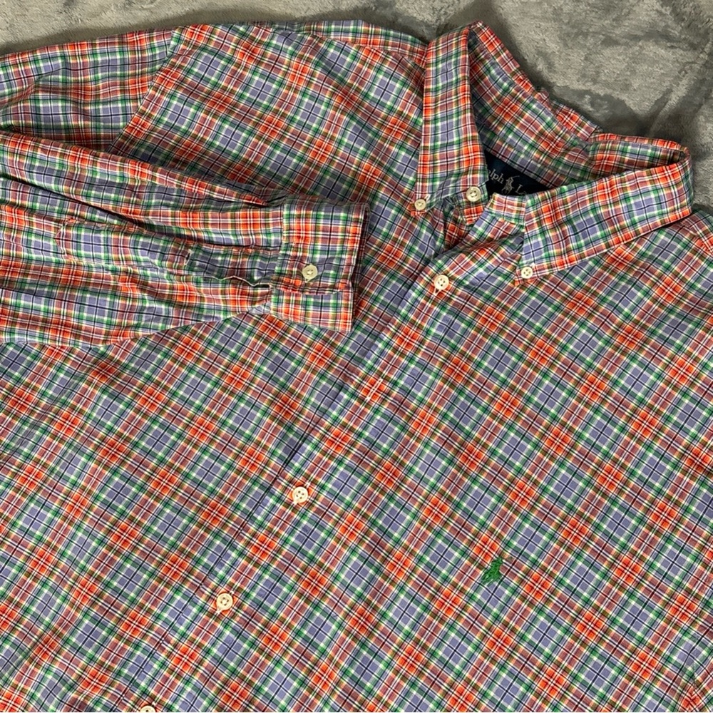Ralph Lauren Button Shirt Men 2XLT Tall Classic Fit Blue  Red Striped Green Pony